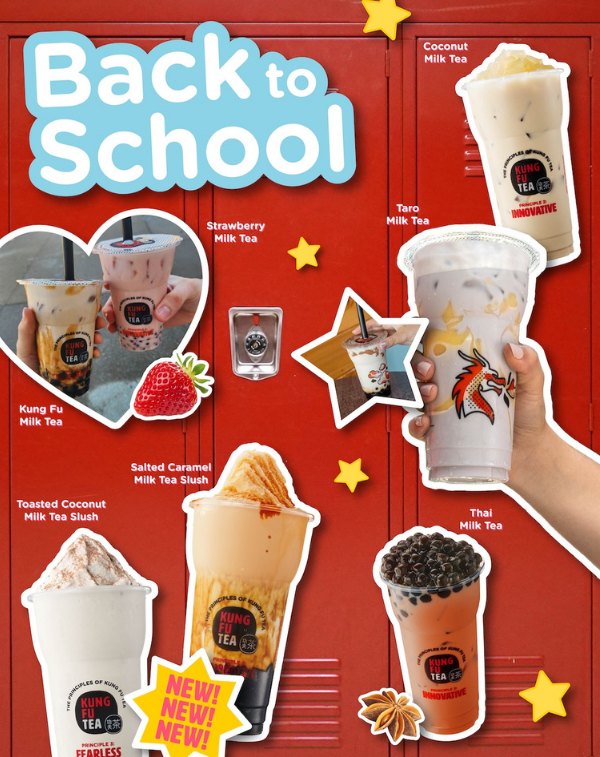 Kung Fu Tea Fort Lee Back to School locker poster with KF Milk Tea, Strawberry Milk Tea, Coconut Milk Tea, Taro Milk Tea, Thai Milk Tea, plus new Salted Caramel Milk Tea Slush and Toasted Coconut Milk Tea Slush