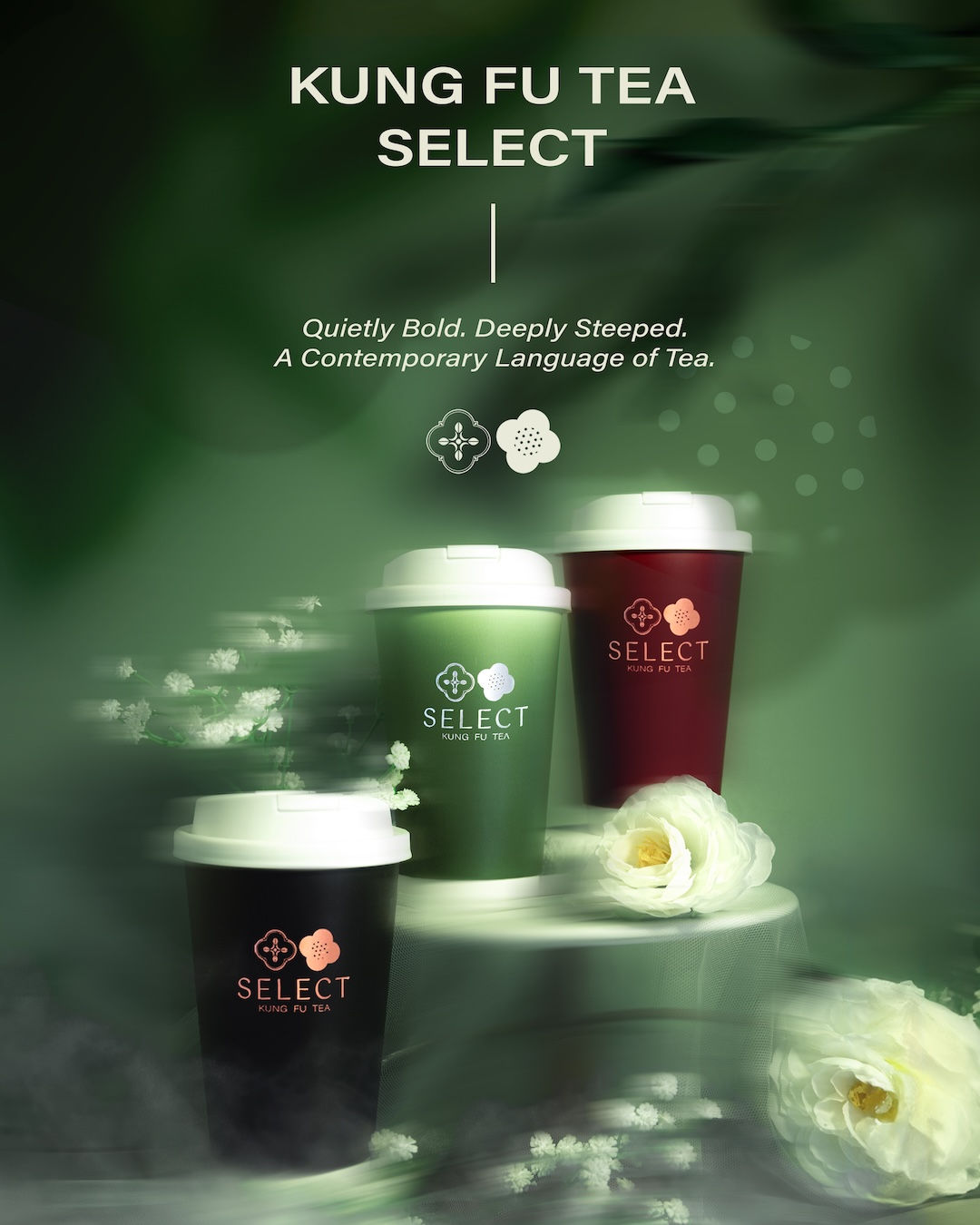 Kung Fu Tea Select: three drinks on a dark green background, labeled Kung Fu Tea Select
