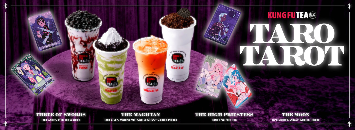 Kung Fu Tea Taro Tarot lineup: taro drinks and tarot cards, including Taro Cherry Milk Tea and Boba, Magician Taro Slush, Taro Thai Milk Tea, and Moon Taro Slush