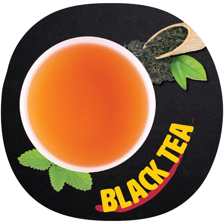 Kung Fu Tea black tea in a yellow cup, photographed from above and labeled Black Tea