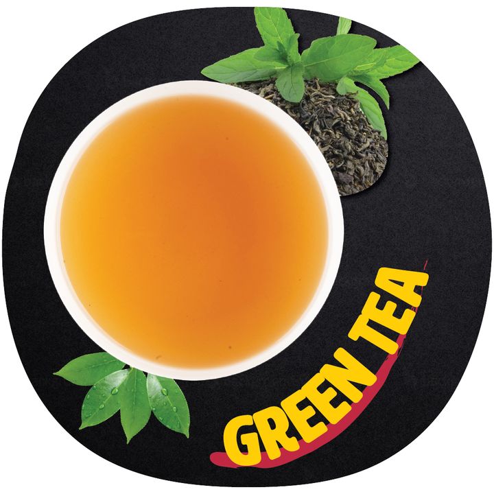 Kung Fu Tea green tea in a yellow cup, photographed from above and labeled Green Tea