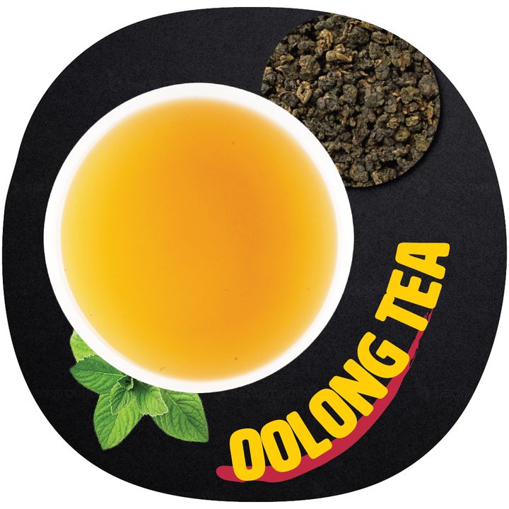 Kung Fu Tea oolong tea in a yellow cup, photographed from above and labeled Oolong Tea
