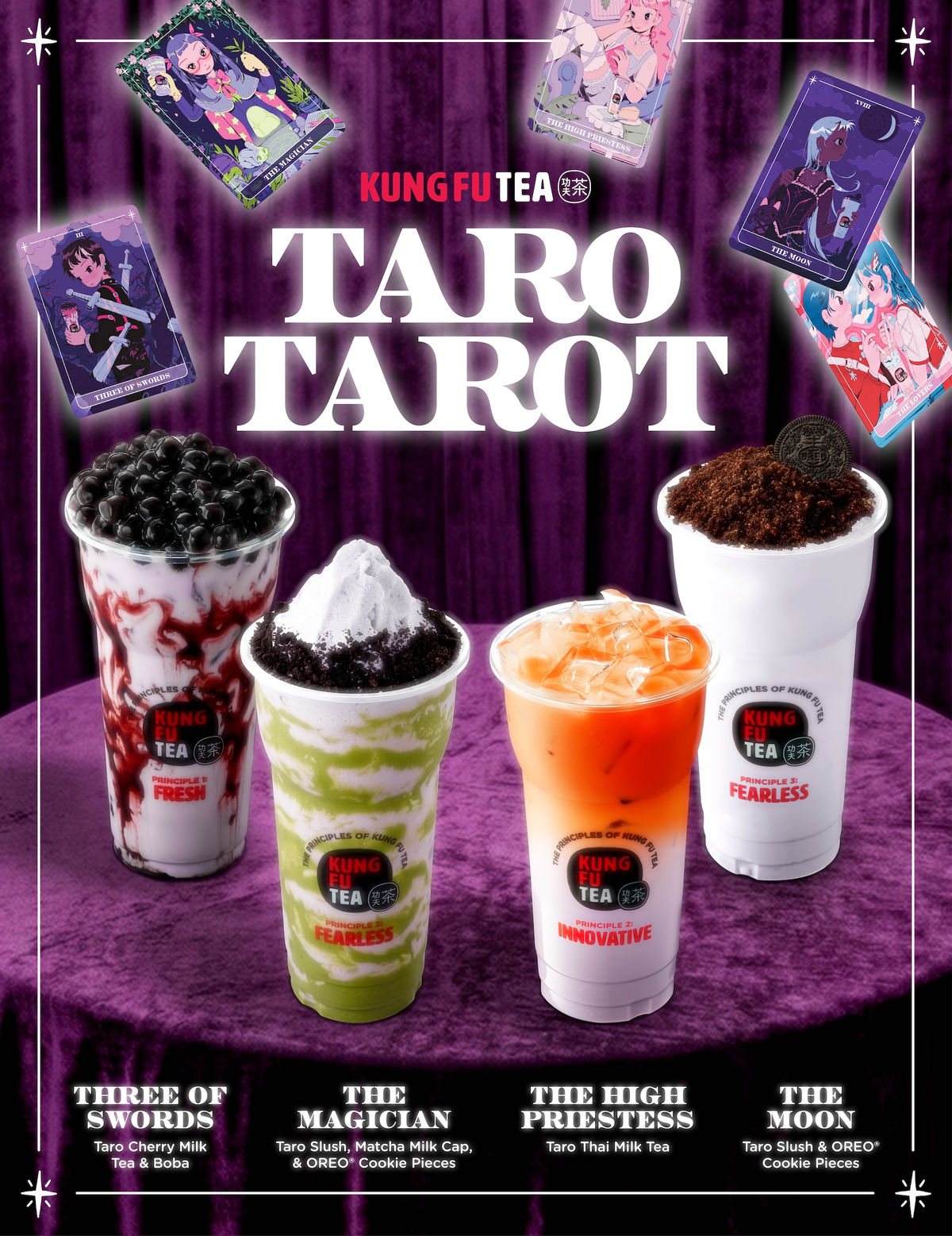 Kung Fu Tea Fort Lee Taro Tarot poster: Three of Swords Taro Cherry Milk Tea and Boba, The Magician taro slush with matcha milk cap and OREO, The High Priestess Taro Thai Milk Tea, and The Moon taro slush with OREO